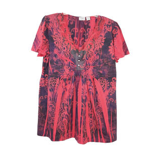 Cato Woman Short Sleeve Shirt 14/16W Red Black Damask Print Short Sleeve Top